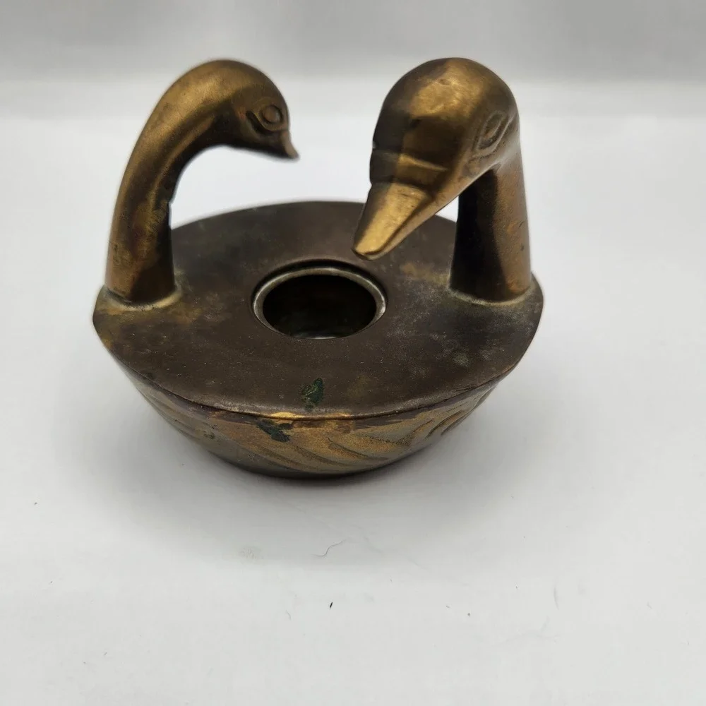 Vintage Solid Brass Double Swan Candle Holder Figurine Taper Candlestick